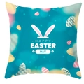Housse de coussin Pâques bleu sarcelle avec œufs colorés et imprimé Happy Easter - 45x45 cm / Style Oreilles De Lapin Œufs Verdâtres (DRD372-27)