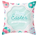 Taie d'oreiller de Pâques avec motifs d'œufs colorés et lettrage Happy Easter - 45x45 cm / Style Bordure Ondulée Œufs Blanc (DRD372-31)