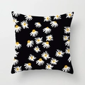 Detailed close-up of daisy pattern on black decorative linen throw pillow cover - 18x18 Inch / Simple Fresh Black Daisy (DRD268-9)