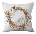 White Thanksgiving pillow case with watercolor pumpkin wreath and autumn maple leaves - Pumpkin Wreath Style
