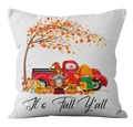Fall gnome and pumpkin truck design on a white square pillow cover for Thanksgiving - Red Truck Gnome Style