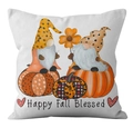 Thanksgiving pillow cover with gnomes, pumpkins, and Happy Fall Blessed lettering - Gnome Blessing Style