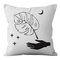 Detail of Nordic boho cushion cover showing black line art of monstera and moon on white fabric - 18x18 Inch / Bohemian Minimalism Pattern (CRD39-12)
