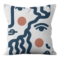 Close-up of abstract face design and navy wavy lines on white plush pillow cover - 18x18 Inch / Abstract Face Decorative Pattern Design (CRD39-17)