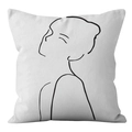 Close-up detail of Nordic minimalist velvet cushion cover with black abstract line art - 18x18 Inch / Minimalist Line Female Side Profile Illustration (CRD39-19)