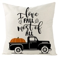 Linen pumpkin pillow cover with I love FALL most of ALL text and black truck pattern - Autumn Pickup Truck with Pumpkin Style (YMD105-1)