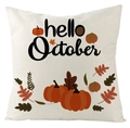Square beige linen pillowcase with hello October print and orange pumpkin autumn leaves - Hello October Pumpkin Leaves Style (YMD105-3)