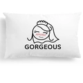 Detail of white lumbar pillow case featuring a minimalist bride cartoon and GORGEOUS text - Gorgeous Bride Character Style (DRD269-8) / Rectangle Style