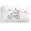 Detailed view of white cushion cover featuring romantic minimalist couple cycling illustration - Cycling Couple Stickman Style (DRD269-9) / Rectangle Style