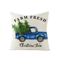 Detailansicht der Leinen-Kissenhülle mit blauem Farm-Truck und Weihnachtsbaum - Ymd124-1 / 45*45cm (Ohne Kissenfüllung)