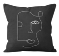 Modern minimalist black cushion cover featuring white abstract line art face design - Crd32-7 / 18x18 Inch