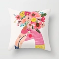 Floral flamingo print cushion cover with hand-painted artistic style on white fabric - Flamingo with Flower Crown Illustration (DRD57-17)