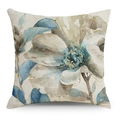 Detailed view of square cotton linen pillowcase with blue and gold floral patterns - Blue Gray Watercolor Flower Gilded Style (YMD82-16)