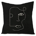 Modern abstract line art face pillow cover in black linen with white embroidery - Black Minimalist Face Style (YMD72-10)