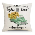 Linen pillow cover with vintage green pickup truck and yellow sunflowers farmhouse design - Farm Retro Pickup Style (FSYMD219-4) / 45*45cm (Insert Not Included)