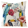 Waterproof linen cushion cover featuring tropical birds and hibiscus flowers print - White Macaw and Toucan Style (FSYM01-10)