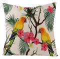 Waterproof linen cushion cover with tropical sun conure parrots and hibiscus floral design - Fsym01-21 / 18x18 Inch