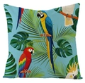 Waterproof linen cushion cover featuring vivid tropical parrots and monstera leaves - Sky Blue Cockatiel Style (FSYM01-22)
