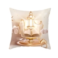 Detail of golden moon pillow cover with camel, lantern and clouds on peach skin fabric - Gold Camel Art Book Style (DRD332-14) / 18x18 Inch