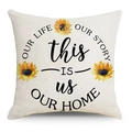 Detailed texture of linen throw pillow cover with sunflowers and family quotes print - Sunflower Inspirational Quote Style (FSYMD223-2) / 45*45cm (Insert Not Included)