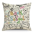 Detail eines Kissenbezugs aus Leinen mit bunten Schulgraffiti und Matheformeln - 45x45cm / Buntes Back to School (YMD136-16)