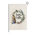 Close-up of Easter garden flag with watercolor rabbit, floral wreath and black metal stand - Brown Rabbit with Egg (ZQ10-14)