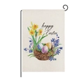 Detailed macro view of linen texture and Easter watercolor nest pattern on garden flag - Daffodils Egg Nest (ZQ10-9)