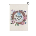 Detailed view of linen Easter garden flag with Happy Easter floral wreath and butterfly - Wreath with Butterflies (ZQ10-6)