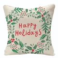 Weihnachts-Kissenbezug aus Leinen mit grünem Kranz und Happy Holidays-Schriftzug - Beiger Stechpalmenkranz (YMD107-4)