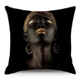 Federa per cuscino in lino con ritratto di donna africana in arte nera e oro - Federa In Lino (YMD225-4) / Ritratto Trucco Labbra Dorate (YMD225-4)
