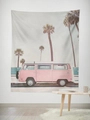 Detail of summer tapestry showing a pink retro van and palm trees on a white wall - 95x73 / Brushed Fabric