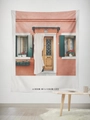 Detail of artistic architecture wall tapestry featuring a peach building with black text - Gt45-23 / 95*73 (brushed Fabric)