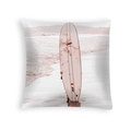 Detailed view of square peach skin pillowcase with Al Merrick surfboard print on sand - Surfboard Beach Surfing Scene (DRD454-9)