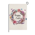Happy Easter garden flag with bunny egg print, linen texture, and black metal stand - Easter Egg Wreath (ZQ10-8)