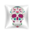 Detail of vibrant sugar skull print on white square cushion for Halloween decor - Colorful Symmetrical Sugar Skull (DRD459-5)