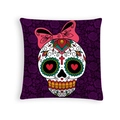 Close-up of Halloween sugar skull pillowcase with heart eyes and purple floral patterns - Purple Bow Decorated Skull (DRD459-14)
