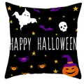 Black Halloween pillowcase with Happy Halloween text, pumpkins, ghosts, and bats icons - 18x18 Inch / Ghost Pumpkin Bat Mix Patterns (DRD461-1)