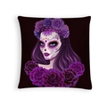 Detailed close-up of Halloween Day of the Dead pillowcase featuring a purple skull woman print - Purple Hair Skull Makeup Girl (DRD459-19)