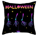 Detail eines Halloween-Kissenbezugs mit bunten Totenkopfhänden und Schriftzug - 45x45 cm / Neon-Skeletthand Mit Text (DRD461-8)