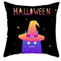 Detailansicht eines schwarzen Halloween-Kissenbezugs mit lila Monster und Hexenhut - 45x45 cm / Violettes Monster Mit Zaubererhut (DRD461-9)