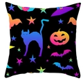 Detail of Halloween pillowcase featuring neon cat, pumpkin, and bat print patterns - 18x18 Inch / Black Cat And Witch Hat Neon Design (DRD461-10)