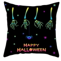 Detail of neon skeleton hands and Happy Halloween print on black cushion cover - 18x18 Inch / Skeleton Hands And Blue Spider (DRD461-14)