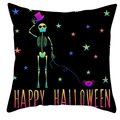 Detailed view of Halloween pillowcase with rainbow gradient skeleton and Happy Halloween text - 18x18 Inch / Skeleton Holding A Spider (DRD461-15)