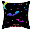 Detail view of black Halloween pillowcase with iridescent moon, stars and flying bats - 18x18 Inch / Iridescent Moon And Flying Bats (DRD461-16)