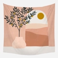 Boheems wandkleed met abstracte woestijnheuvels, zon en olijftakken in Morandi-tinten - Roze Vaas Olijftak Landschap (GT39-1) / 95x73cm Geborstelde Stof