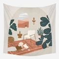 Morandi wandkleed in aardetinten met illustratie van een leesscène voor kamerdecoratie - Kamerplanten Lezende Figuur (GT39-3) / 95x73cm Geborstelde Stof