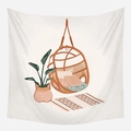 Boheems Morandi wandtapijt met een gezellige hangstoel en groene kamerplanten decor - Boheems Hangmandje Hoekje (GT39-4) / 95x73cm Geborstelde Stof