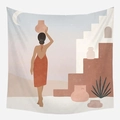Minimalist Morandi tapestry featuring a bohemian woman walking with earthenware in earth tones - 陶罐女性插画图案(GT39-6)