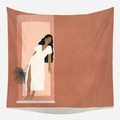 Minimalist Morandi tapestry with woman illustration in terracotta and earth tones - 手持叶片女性图案(GT39-7)