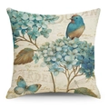 Artistic floral cotton linen pillowcase with blue hydrangea and bird pattern - Blue Songbird Pastoral Garden Style (YMD82-3)
